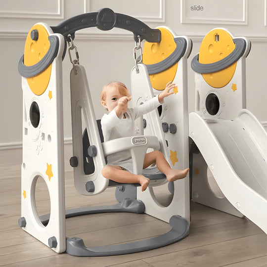 مجموعة أرجوحة ومنزلق 3 في 1 للأطفال بطابع فضائي: حلقة كرة سلة، وارتفاع مقعد قابل للتعديل للاستمتاع بملعب الأطفال الصغار، ومركز أنشطة داخلي وخارجي