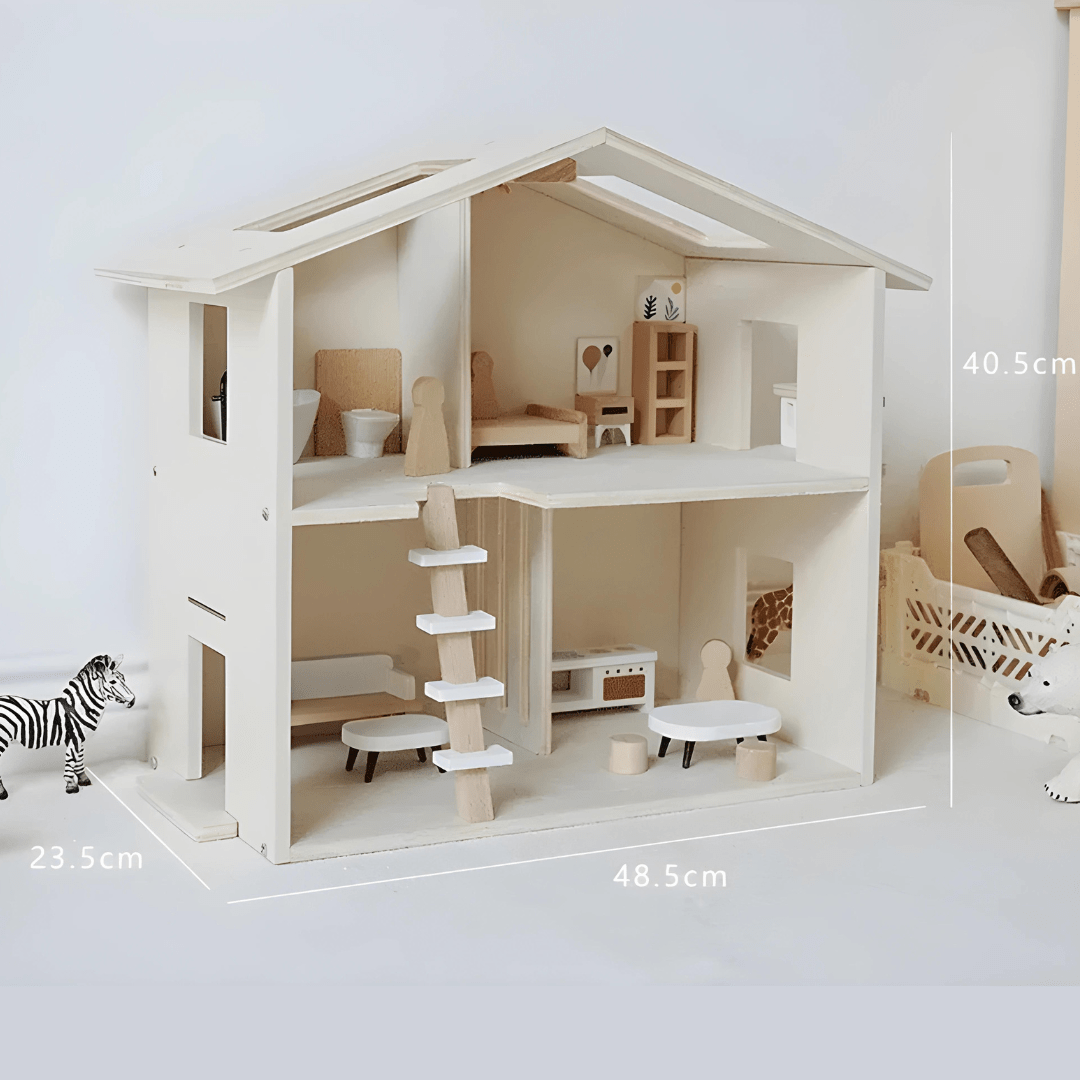 Premium wooden dollhouse with furniture set – natural wood finish