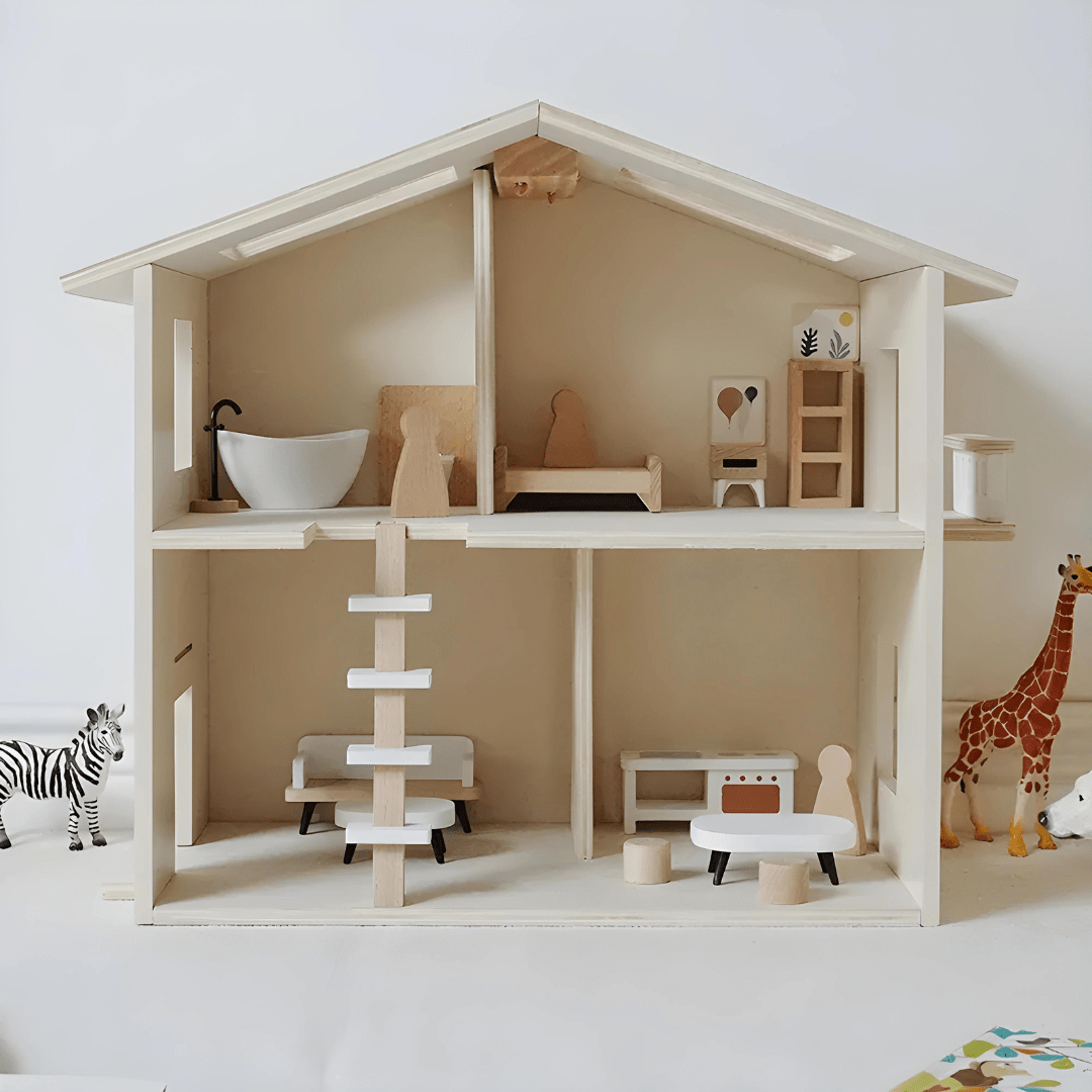 Premium wooden dollhouse with furniture set – natural wood finish