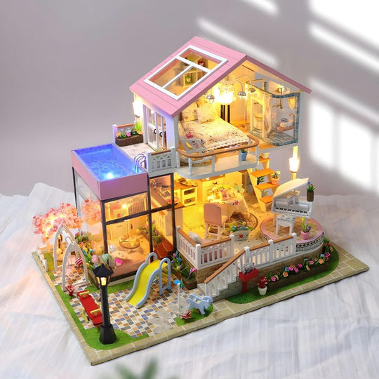 DIY miniature villa dollhouse with LED lights, perfect for crafting enthusiasts in Lebanon