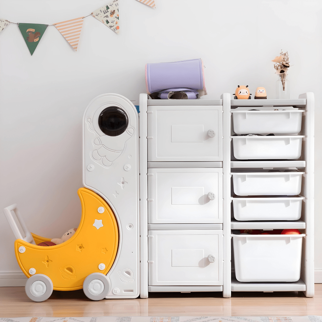 Premium HDPE Toy Storage Cabinet With Moon Cart - 140×32×93 cm