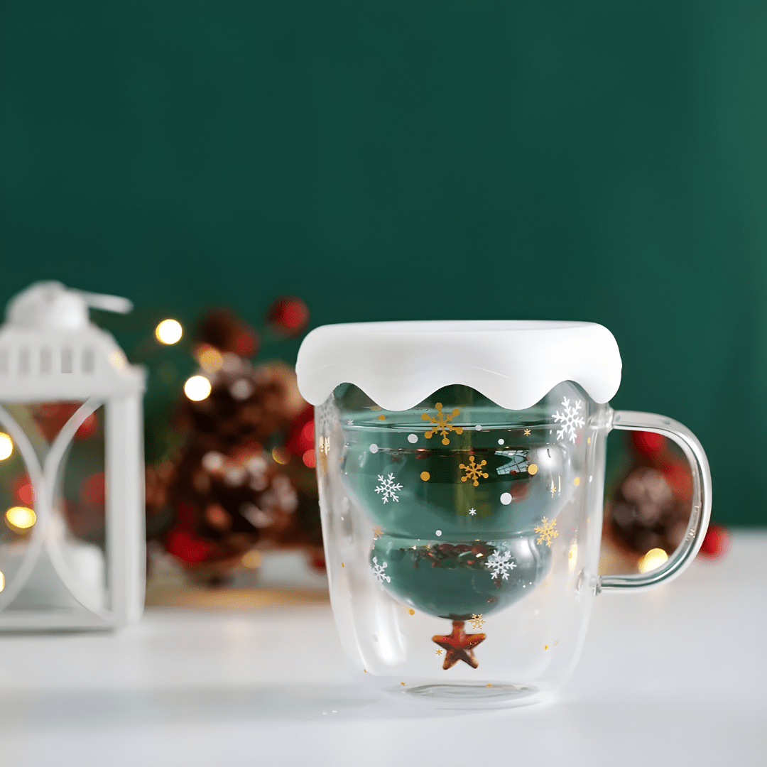 Premium kerst dubbelwandig glas met onderzetter 300 ml