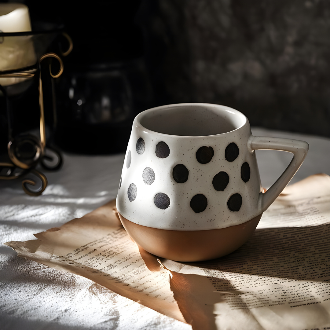 Handmade 300ml stoneware coffee mug with polka dot design – premium ceramic cup for tea or coffee, durable & stylish, available in Beirut Lebanon.