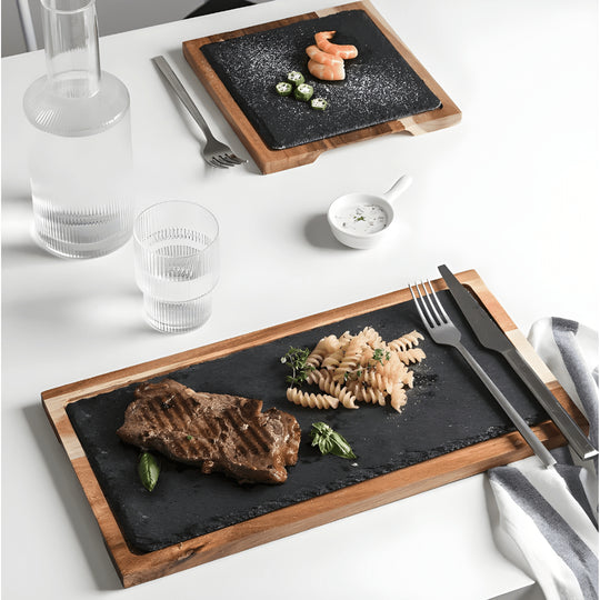 Acacia wood steak serving board with slate stone – rectangle or square, available in Lebanon