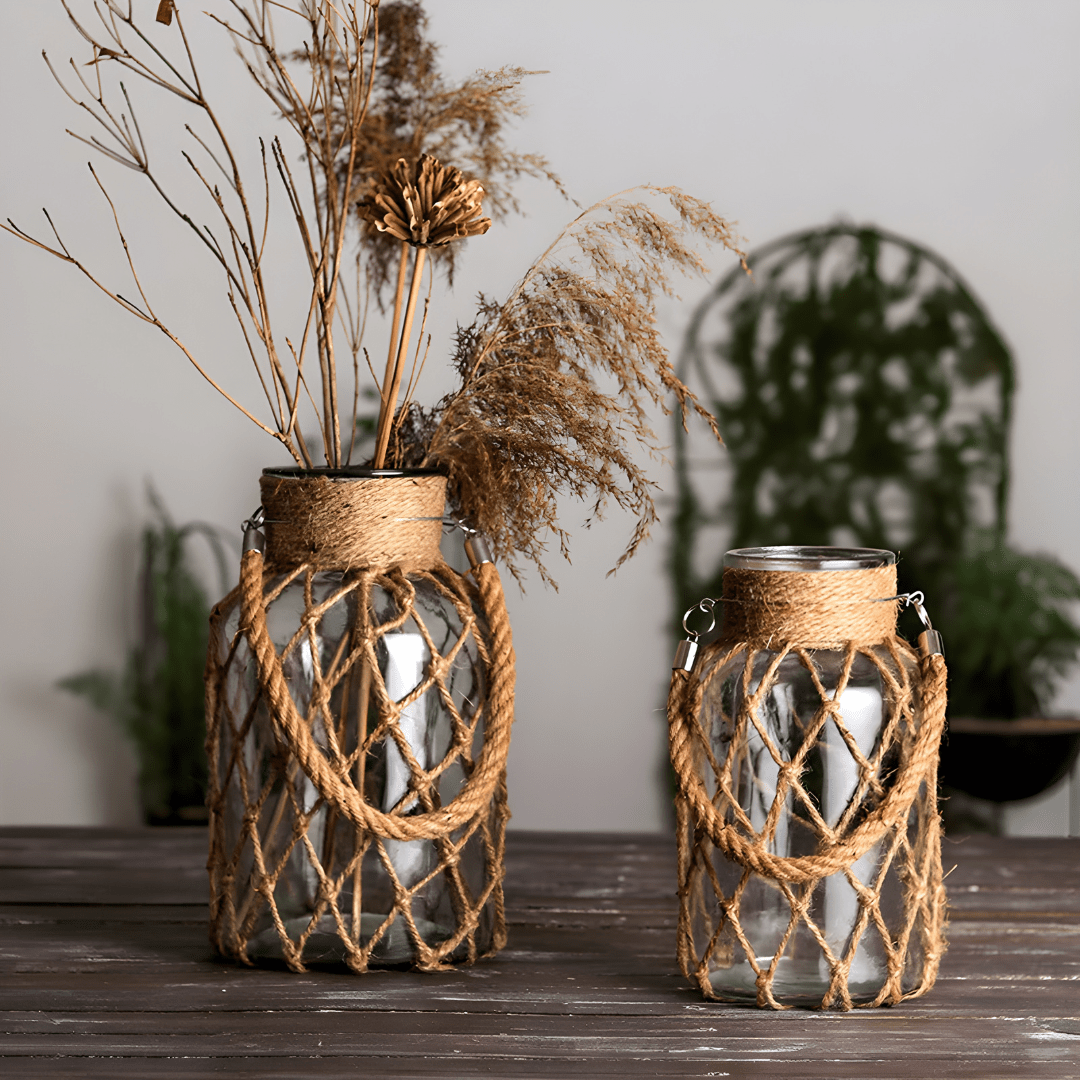 Rustic glass vase with hemp rope for home or event decoration in Beirut