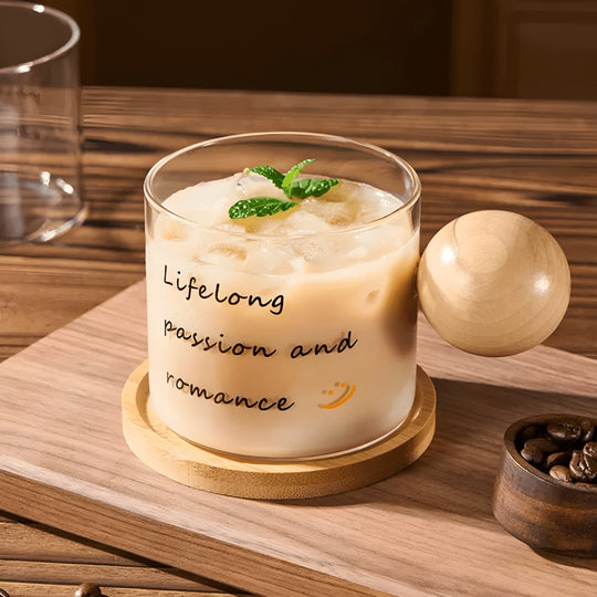 500ml heat-resistant glass mug with wooden handle and bamboo coaster