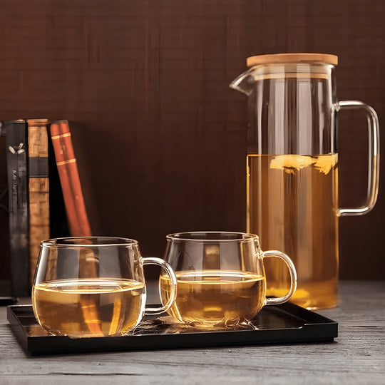 Borosilicate glass pitcher set with green handle and 6 cups – Beirut