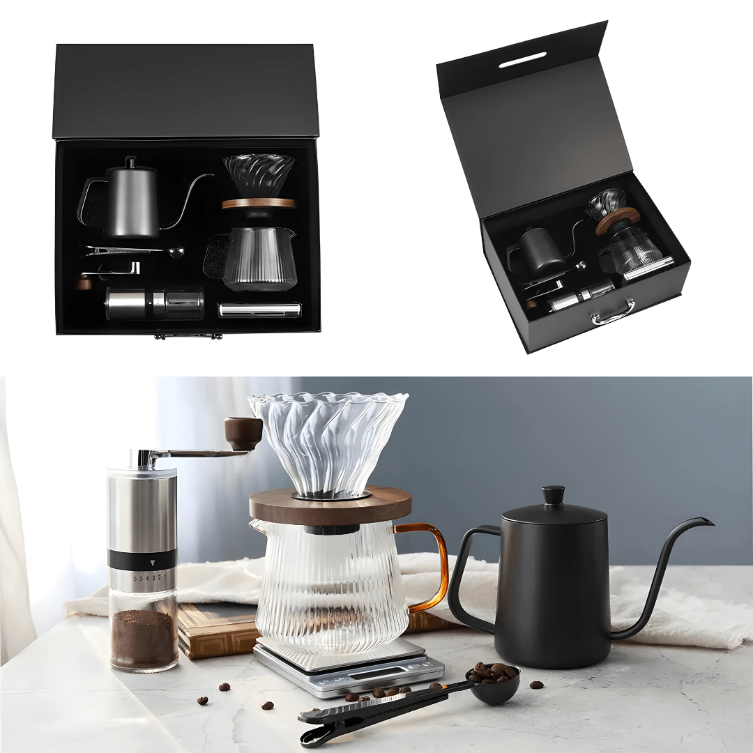 Premium pour-over coffee set with kettle, grinder, dripper, and accessories in gift box.