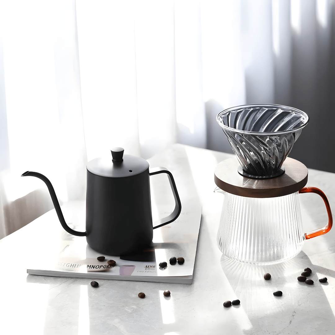 Premium pour-over coffee set with kettle, grinder, dripper, and accessories in gift box.