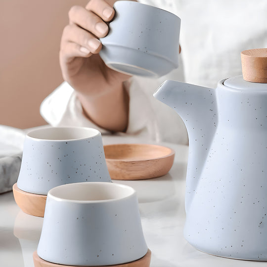 Nordic Matte Porcelain Tea Set – 750ml Teapot with 4 Cups, Infuser & Wooden Coasters