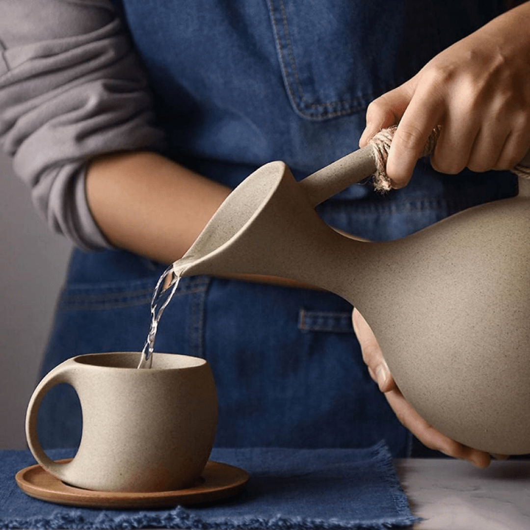 Handmade Pottery Jug and Cups Set with Wooden Saucers – 9-Piece Ceramic Drinkware