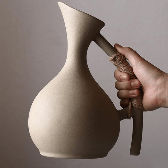 Handmade Pottery Jug and Cups Set with Wooden Saucers – 9-Piece Ceramic Drinkware