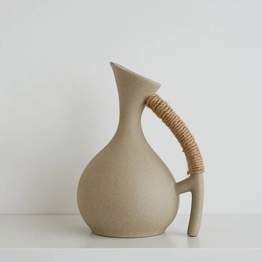 Handmade Pottery Jug and Cups Set with Wooden Saucers – 9-Piece Ceramic Drinkware