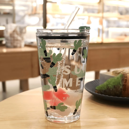 450ml Reusable Thick Glass Tumbler with Lid and Straw – “Hey, Drink Water More” & Cactus Summer Designs