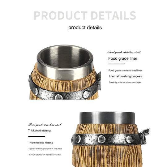 Vintage Wooden Barrel Mug – 600ml Resin & Stainless Steel Beer Tankard