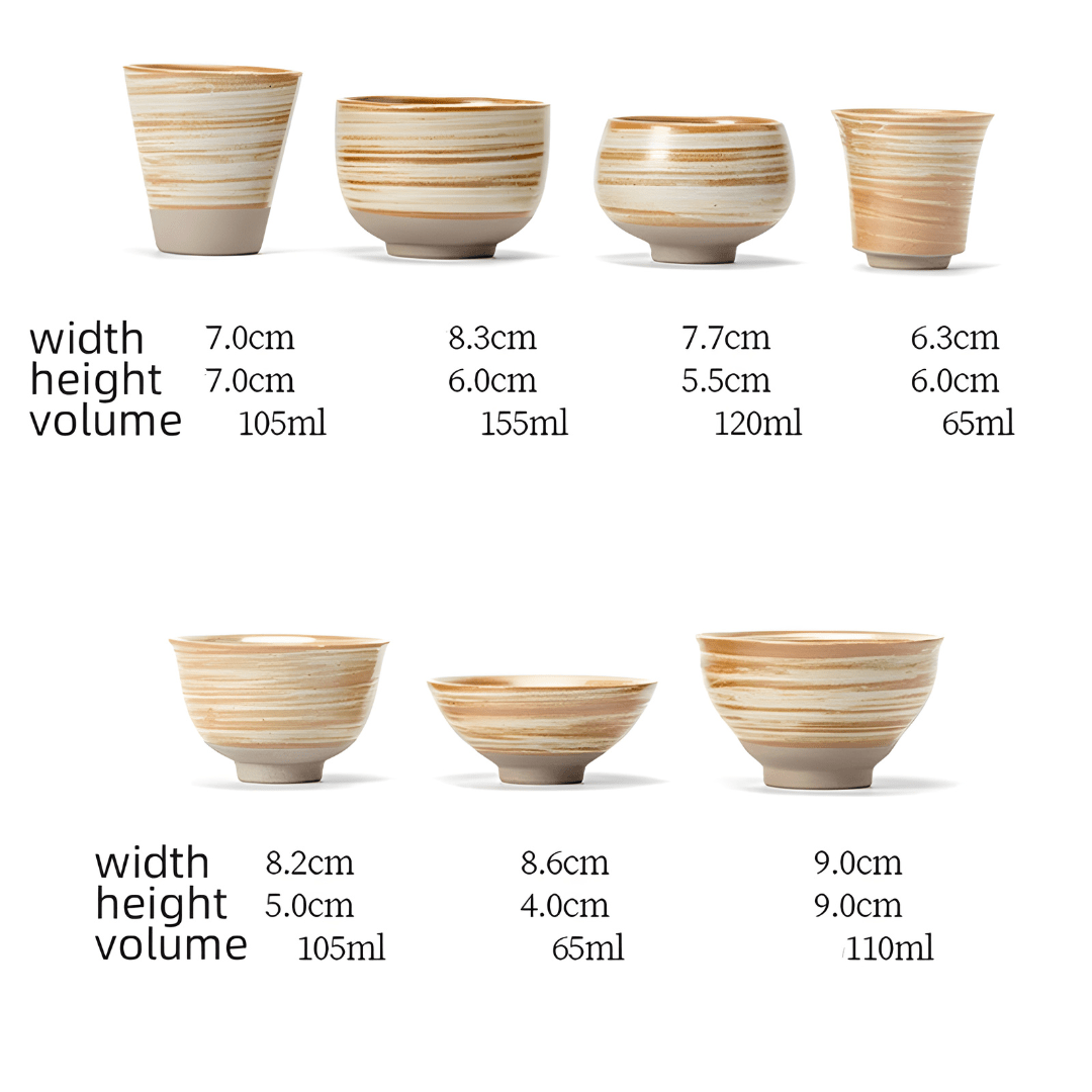 Handmade retro stoneware tea cup set of 7 pieces in warm earth tones, ideal for tea or coffee, displayed with size details – perfect for Beirut homes.