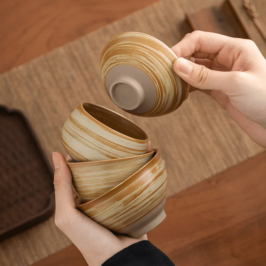 Handmade retro stoneware tea cup set of 7 pieces in warm earth tones, ideal for tea or coffee, displayed with size details – perfect for Beirut homes.