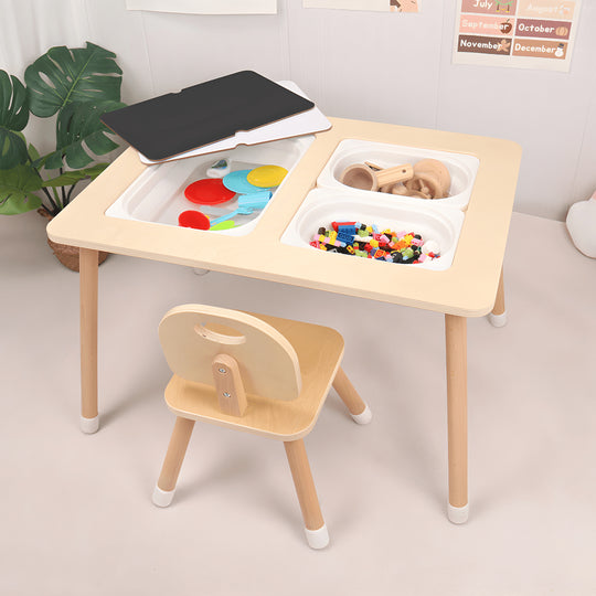Montessori birch wood kids sensory activity table with storage bins and black-and-white drawing surface – available in Beirut, Lebanon.