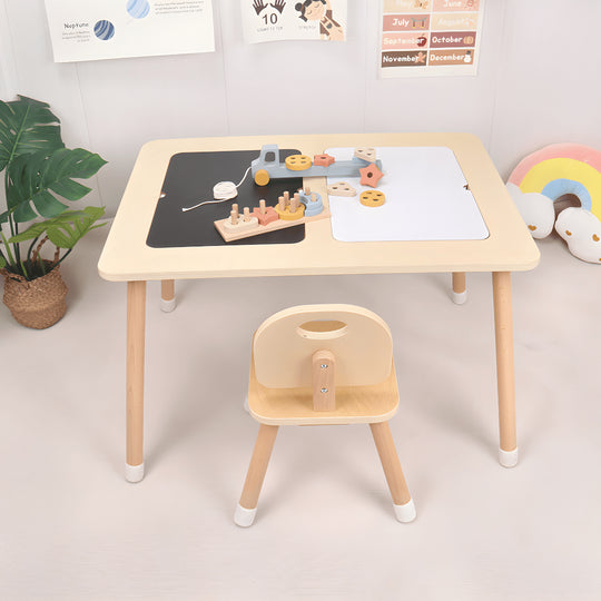 Montessori birch wood kids sensory activity table with storage bins and black-and-white drawing surface – available in Beirut, Lebanon.