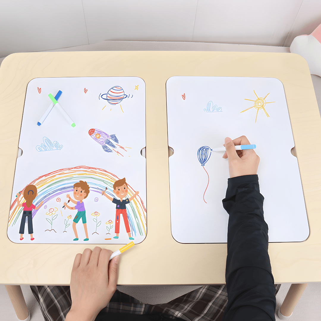 Montessori birch wood kids sensory activity table with storage bins and black-and-white drawing surface – available in Beirut, Lebanon.