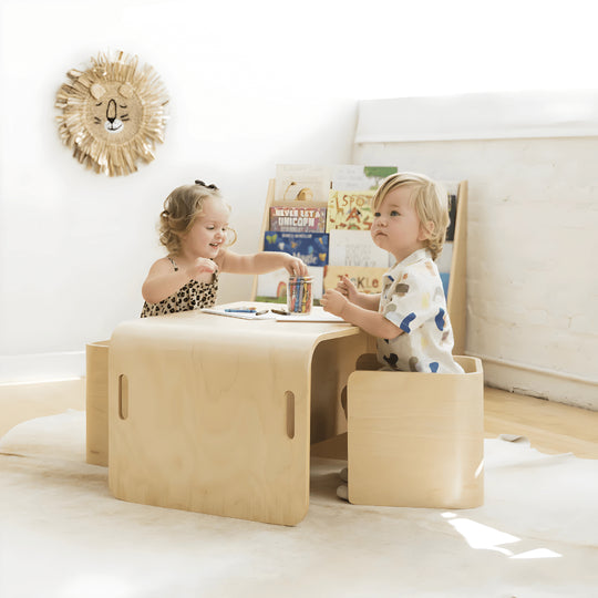 Multifunction birch wood Montessori table and chair set for kids – natural finish, safe design
