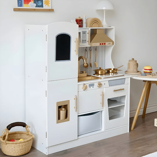 Wooden kids kitchen play set with running water, glowing stovetop, sound effects, and storage – ideal for ages 3+ in Beirut Lebanon