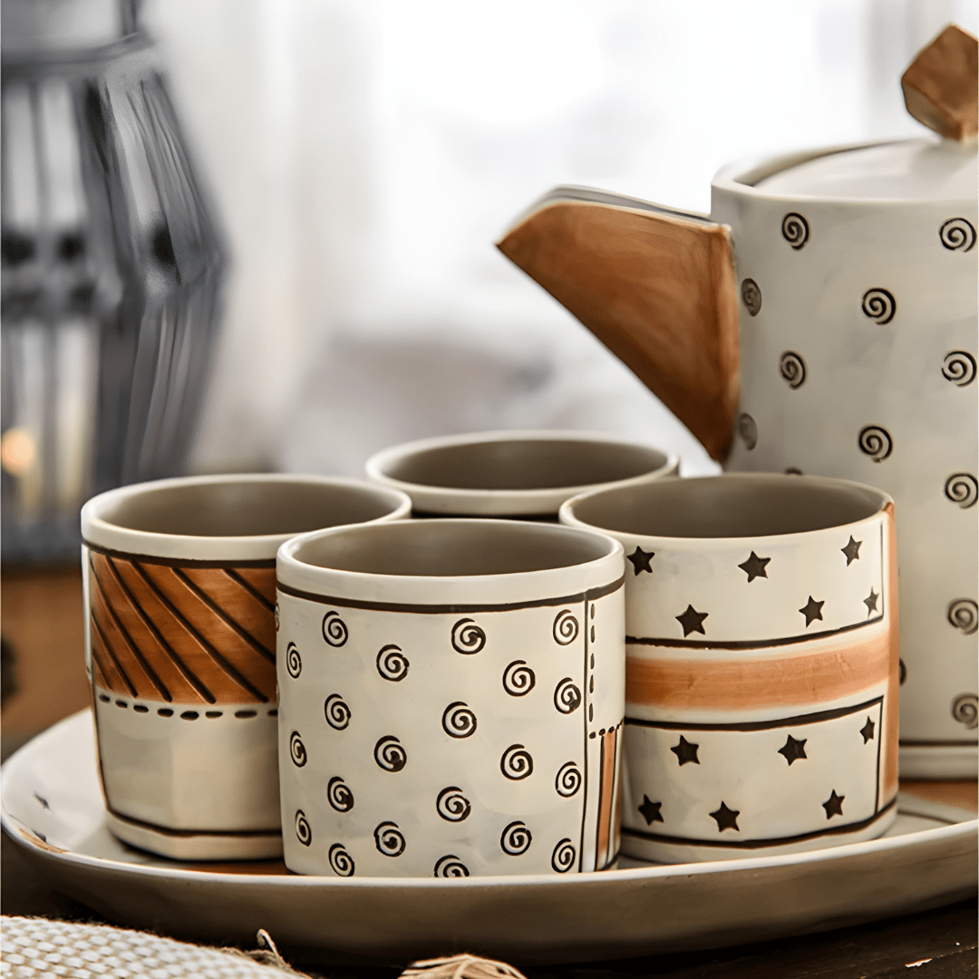 Hand-painted stoneware tea set with teapot, 4 ceramic cups, and serving tray – premium handmade Lebanese tableware, oven and microwave safe
