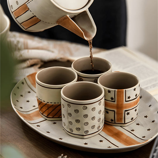 Hand-painted stoneware tea set with teapot, 4 ceramic cups, and serving tray – premium handmade Lebanese tableware, oven and microwave safe