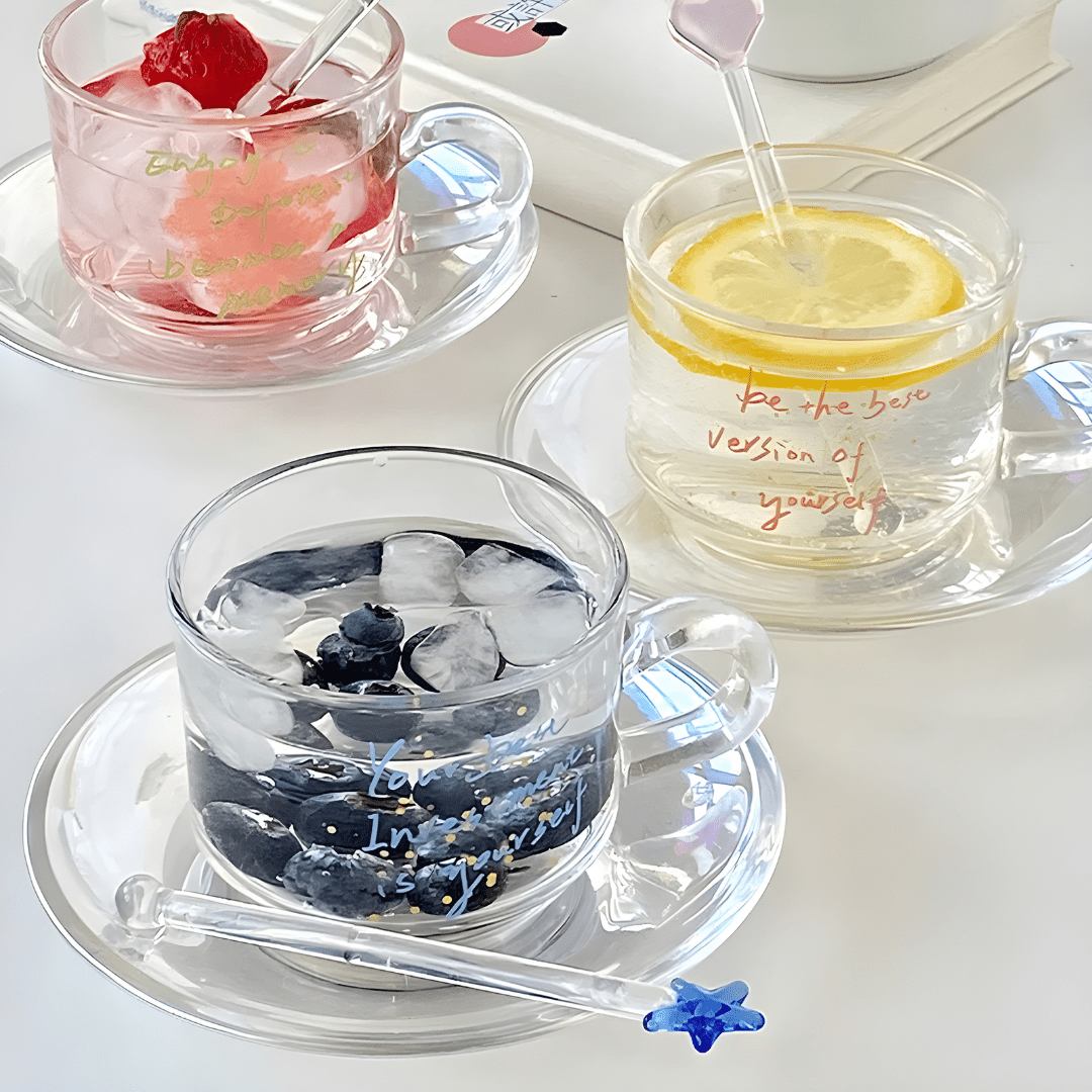 Clear 200ml glass cups with saucers and stirrers, each with a motivational quote and unique stirrer design – perfect for hot or cold beverages in Beirut.