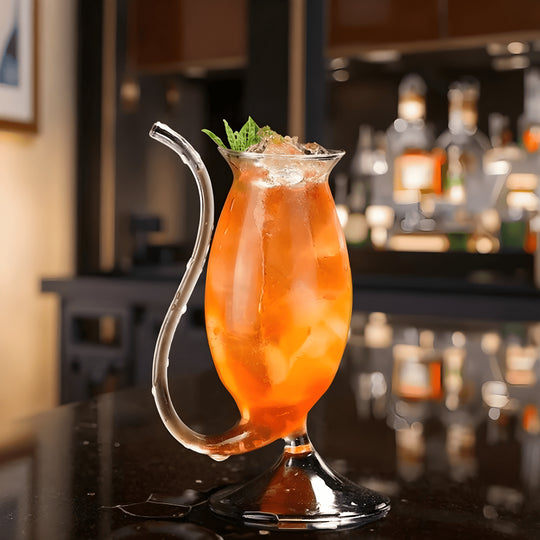 Clear 340ml glass wine or juice cup with built-in straw design, stylish and functional drinkware