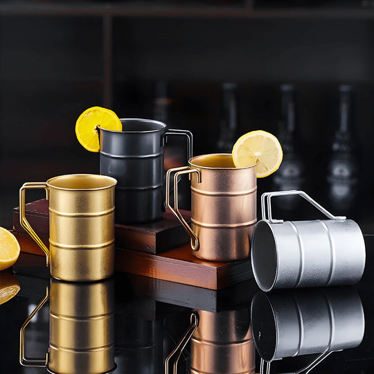 Set of stainless steel mugs (370ml) in gold, black, silver, and bronze – perfect for all beverages, durable and reusable design.