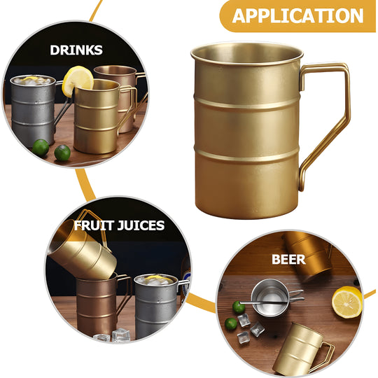 Set of stainless steel mugs (370ml) in gold, black, silver, and bronze – perfect for all beverages, durable and reusable design.