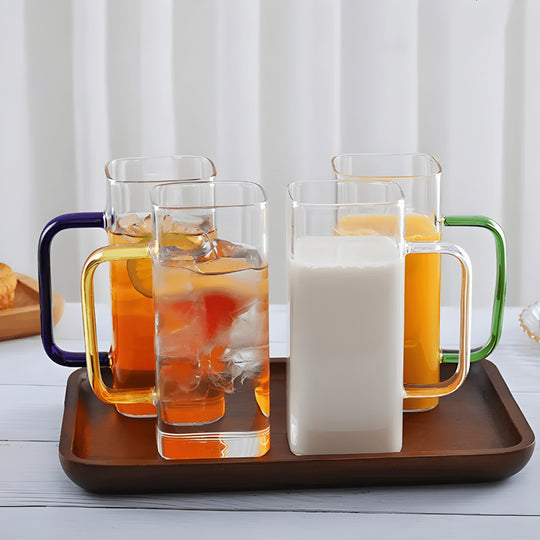 Handmade 400ml square glass mug with colorful handle – available in green, yellow, blue, and amber