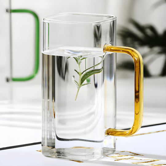 Handmade 400ml square glass mug with colorful handle – available in green, yellow, blue, and amber