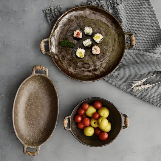 Handmade coarse pottery dinnerware set – plate, bowl & tray for Beirut homes