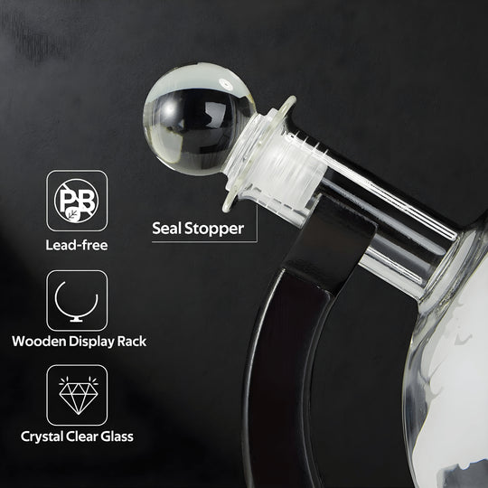 Crystal clear world map globe decanter with 4 matching frosted glasses on wooden base, 850ml bottle for whiskey, wine or rum, includes antique ship design and seal stopper