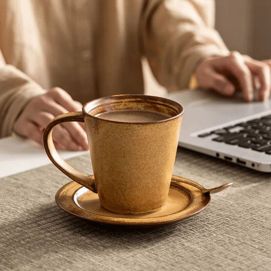 300ml rustic vintage ceramic mug with and without saucer – warm-toned coffee cup perfect for home or office use.