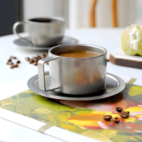 Luxury matte stainless steel mug with saucer, double-walled insulated 200ml drinkware