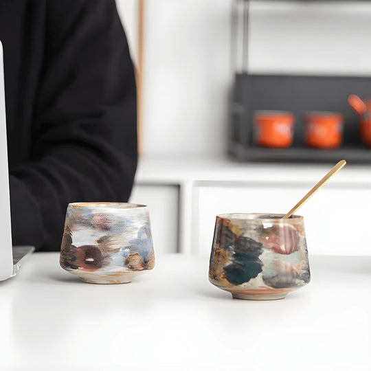 Hand-painted stoneware ceramic coffee and tea cup – retro 200ml design with Earthfire Cloud and Misty Lake Sky finishes.