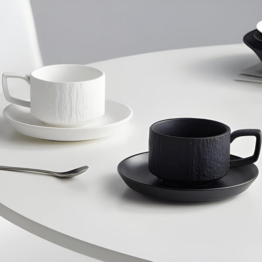 Textured 200ml porcelain mug with saucer – Rock Series, premium ceramic coffee and tea set available in Beirut, Lebanon