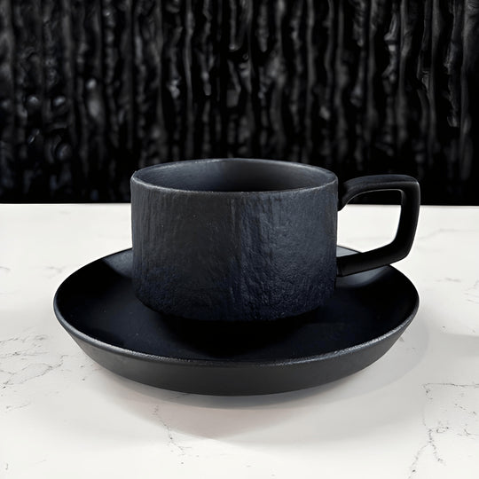 Textured 200ml porcelain mug with saucer – Rock Series, premium ceramic coffee and tea set available in Beirut, Lebanon