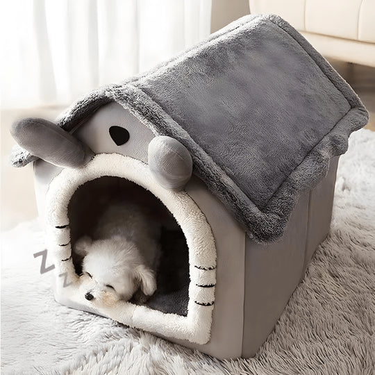 Grey plush dog and cat house with soft roof, detachable parts, non-slip bottom, and adorable cartoon ear design – available in S and L sizes.