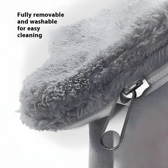 Grey plush dog and cat house with soft roof, detachable parts, non-slip bottom, and adorable cartoon ear design – available in S and L sizes.