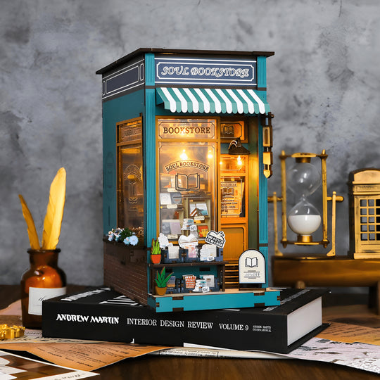 Soul Bookstore book nook DIY miniature with wooden furniture and LED light – handcrafted model for bookshelf decor, Beirut