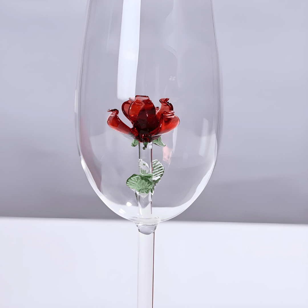 Elegant 350ml crystal wine glass with red rose inside, in luxury red gift box