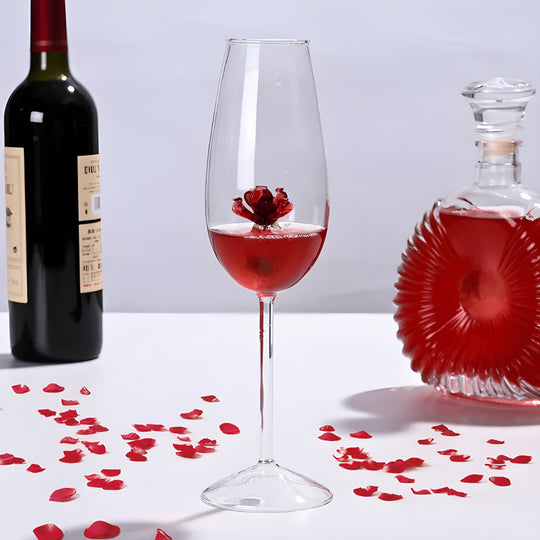 Elegant 350ml crystal wine glass with red rose inside, in luxury red gift box