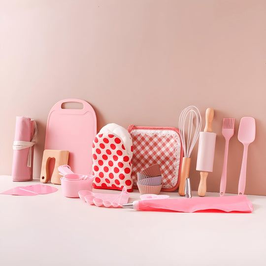 32-piece kids wooden and silicone cooking set with apron, utensils, and molds – safe BPA-free kitchen toy set for children 3+