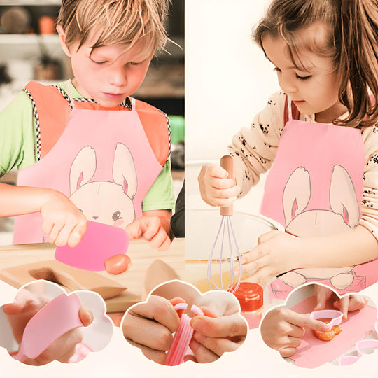 32-piece kids wooden and silicone cooking set with apron, utensils, and molds – safe BPA-free kitchen toy set for children 3+