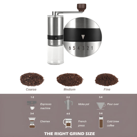 Manual Coffee Grinder with Stainless Steel Body and Glass Jar – Adjustable Coarseness