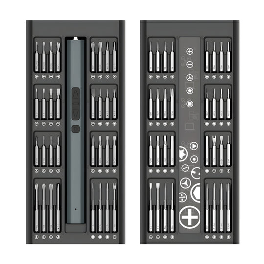 Cordless electric precision screwdriver set with 66 pieces, magnetic case, USB charging, and high-hardness bits – ideal for electronics and home repairs.